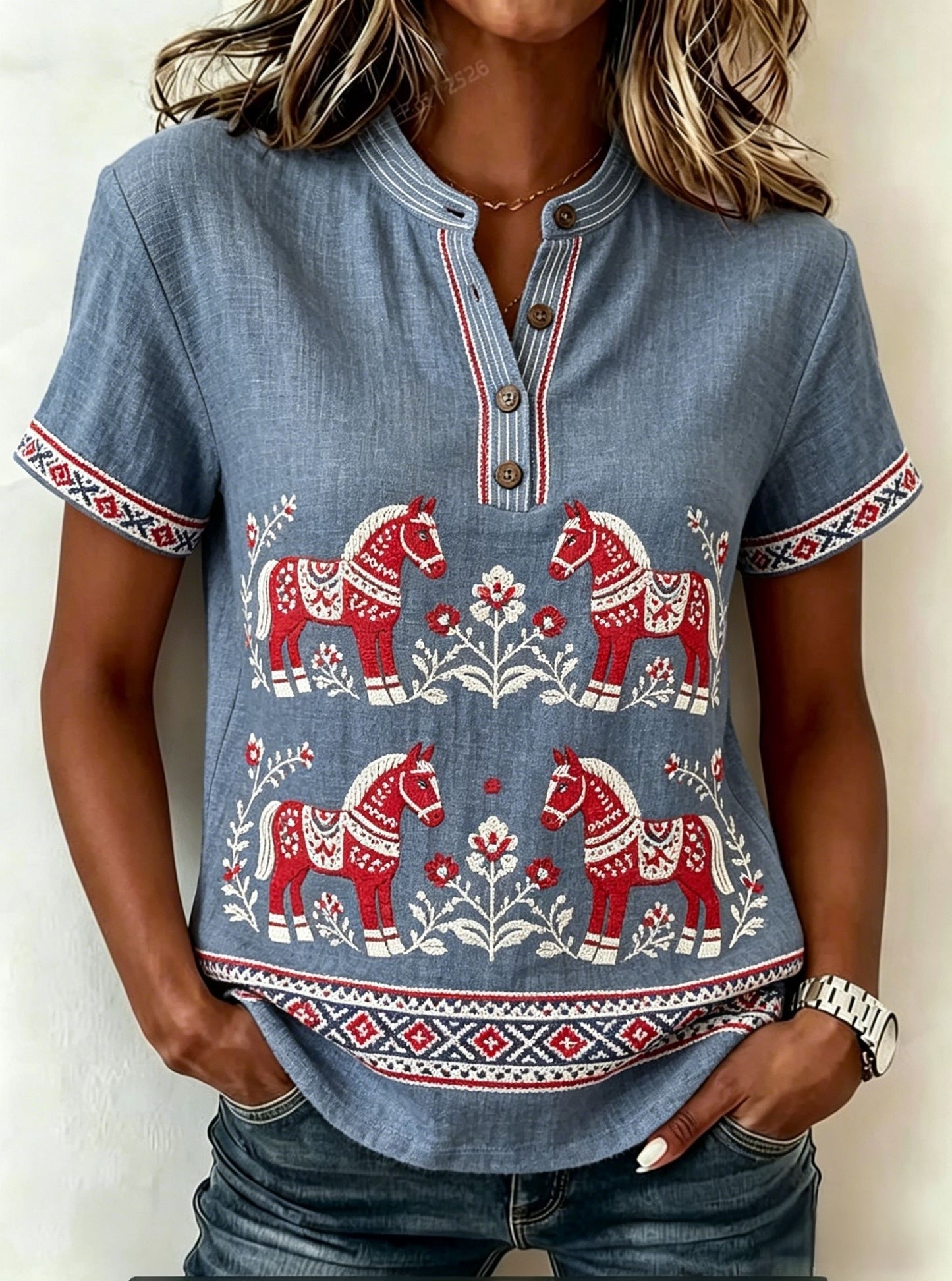 Tee-shirt Femme Rétro Swedish Midsummer Folk Floral Coton-Lin