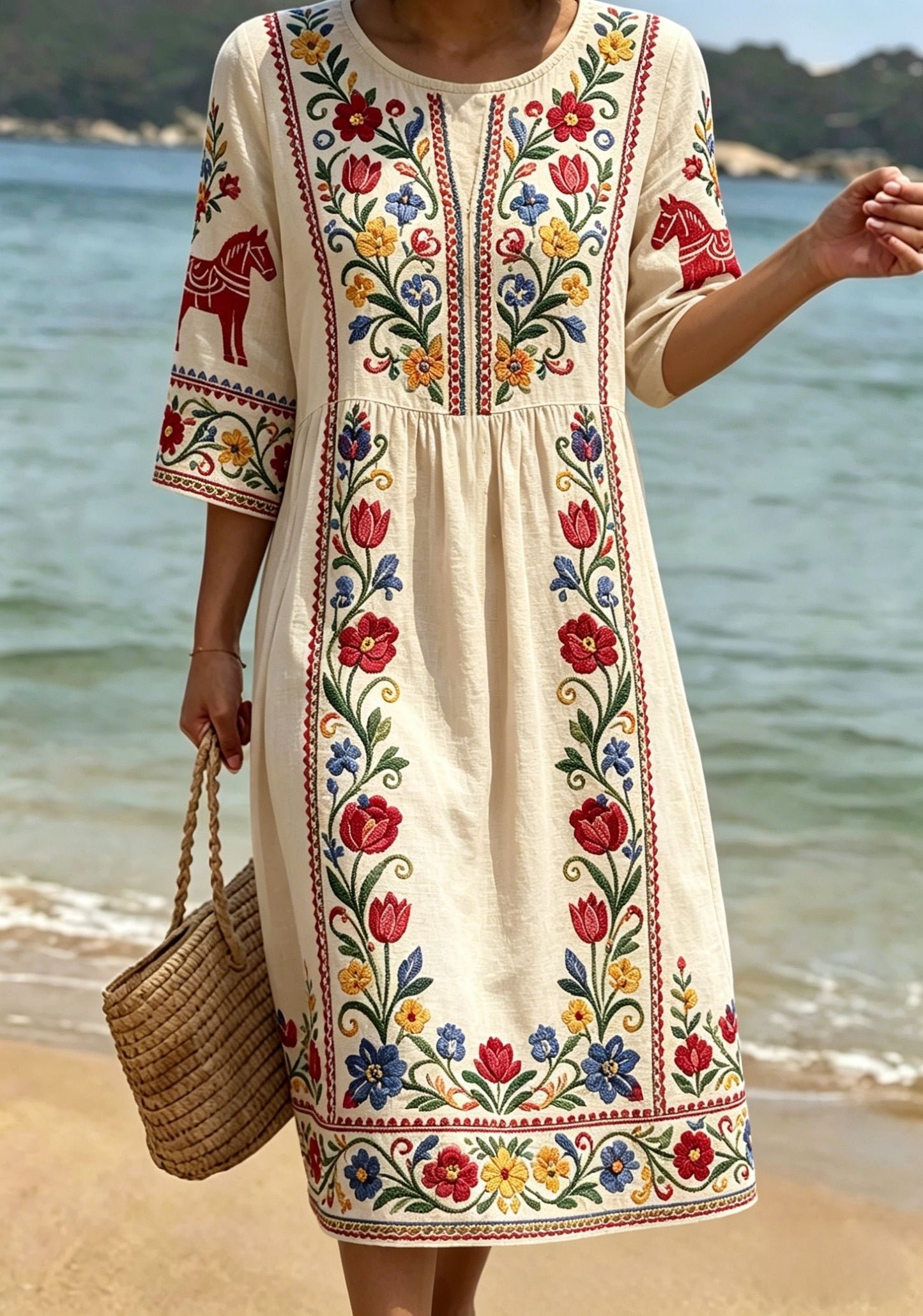 Retro Swedish Midsummer Folk Floral mi-longueur manches (poches latérales) coton-lin robe des femmes