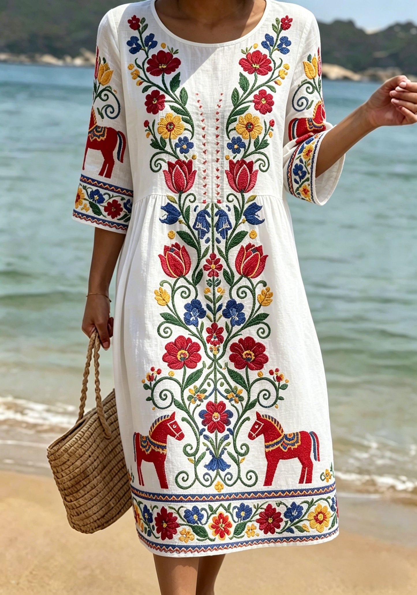 Retro Swedish Midsummer Folk Floral mi-longueur des femmes manches en coton-lin robe