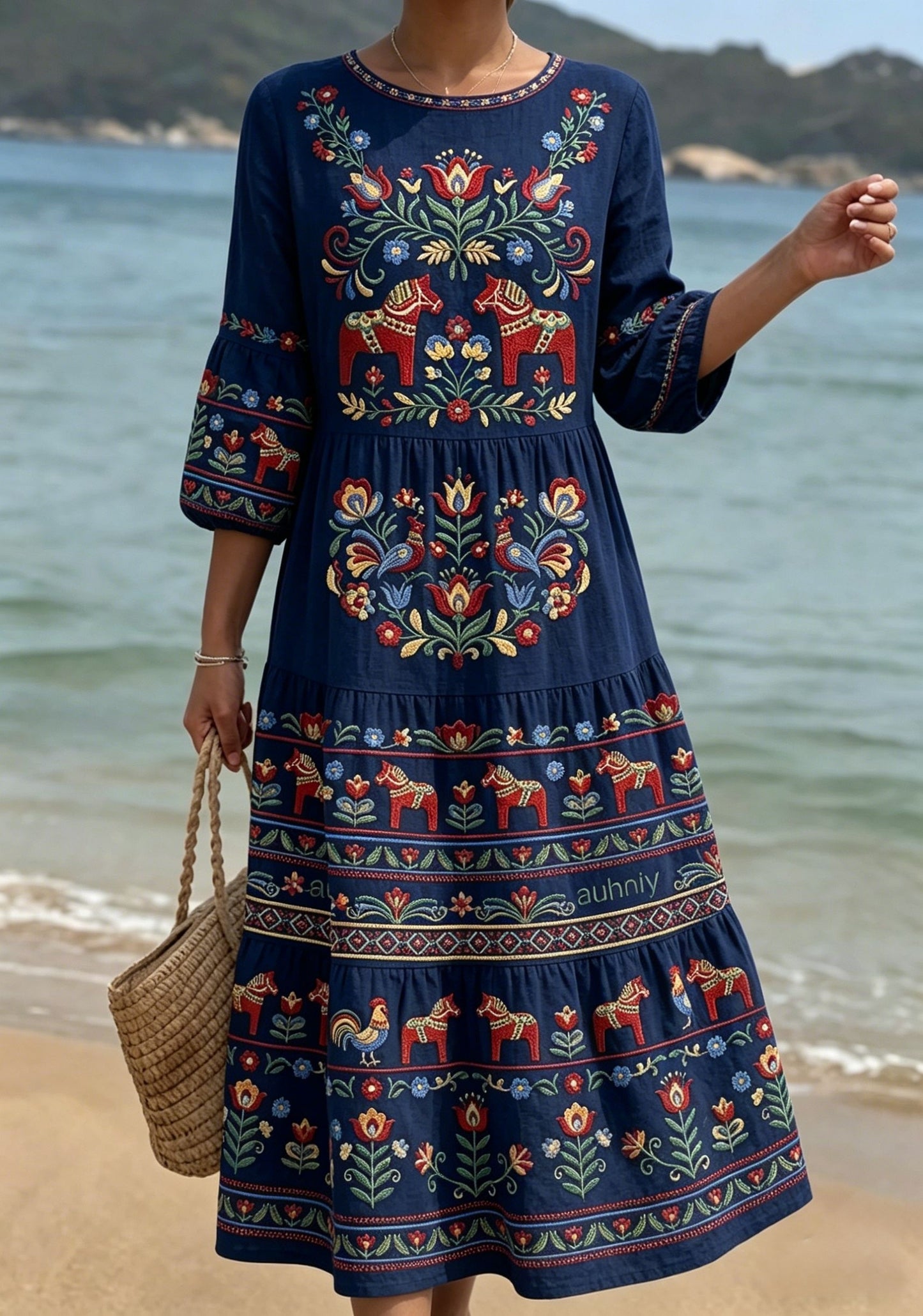 Robe rétro suédoise de la Saint-Jean pour femmes, style folklorique, fleurie, mi-longue, manches longues, en coton-lin