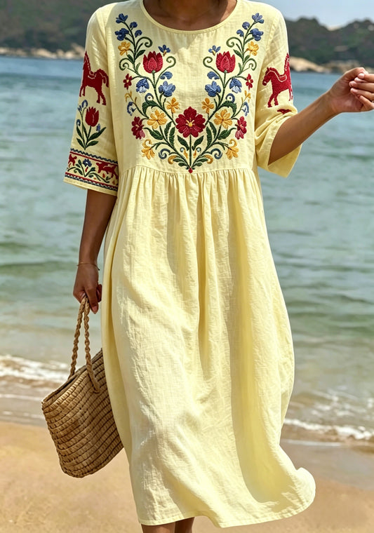 Robe rétro suédoise de la Saint-Jean pour femmes, style folklorique, fleurie, mi-longue, manches longues, en coton-lin