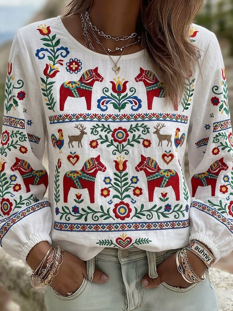 Chemise rétro suédoise de la Saint-Jean pour femmes, en coton-lin, à motifs floraux
