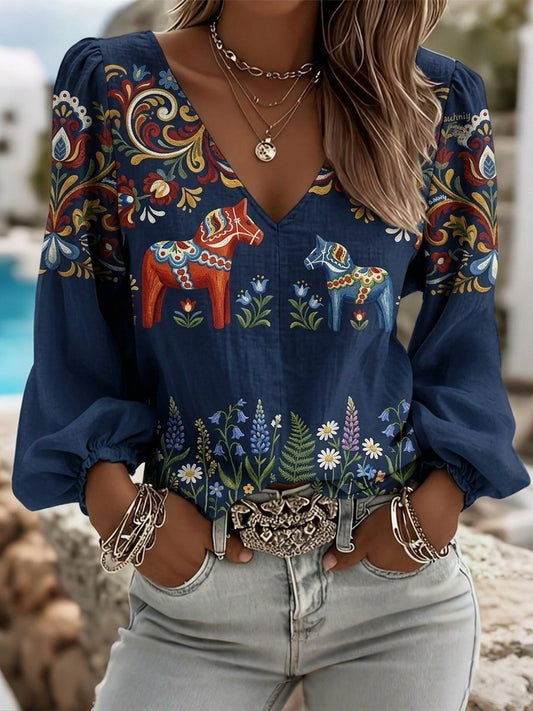 Chemise rétro suédoise de la Saint-Jean pour femmes, en coton-lin, à motifs floraux