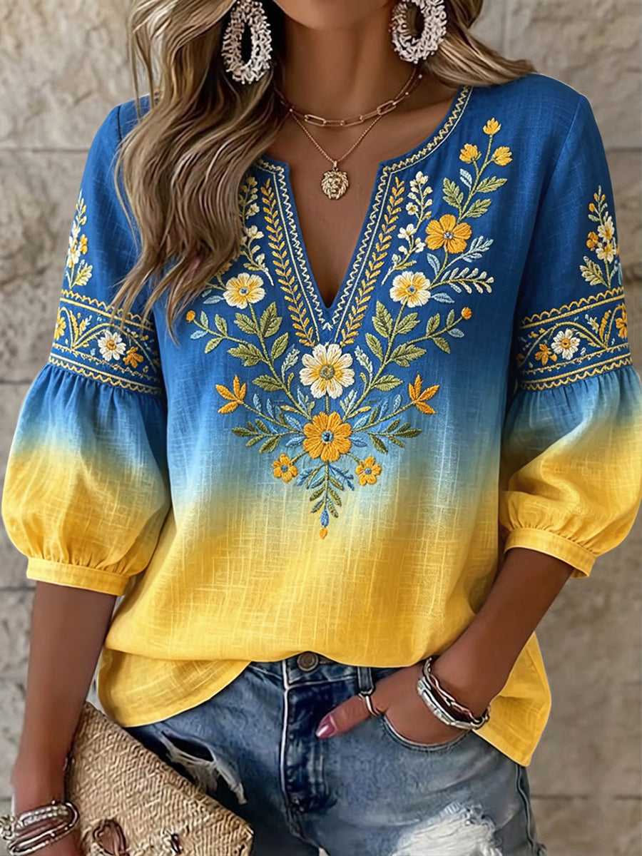 Femmes Rétro Swedish Midsummer Gradient Floral Art V-Neck Top