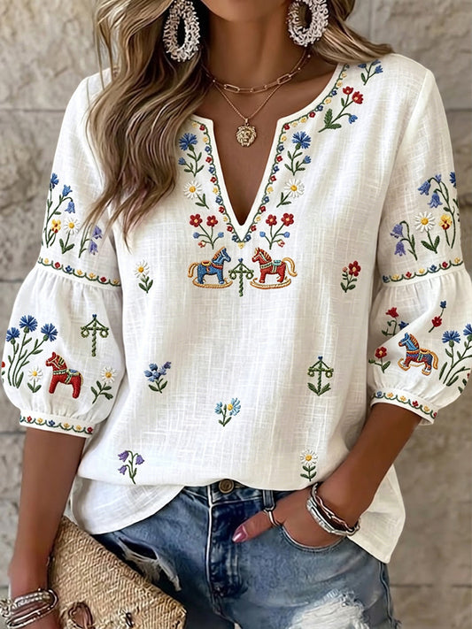 Top rétro suédois pour femmes, motif floral de la fête de la Saint-Jean, style carrousel, col en V