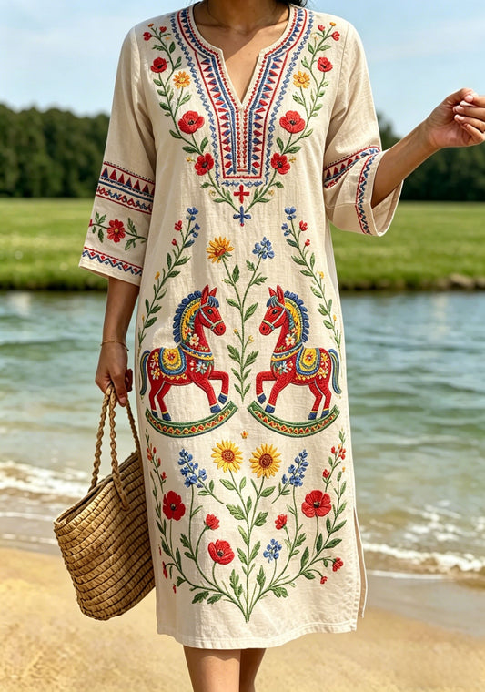 Robe rétro suédoise de la Saint-Jean pour femmes, en coton-lin, à motifs floraux
