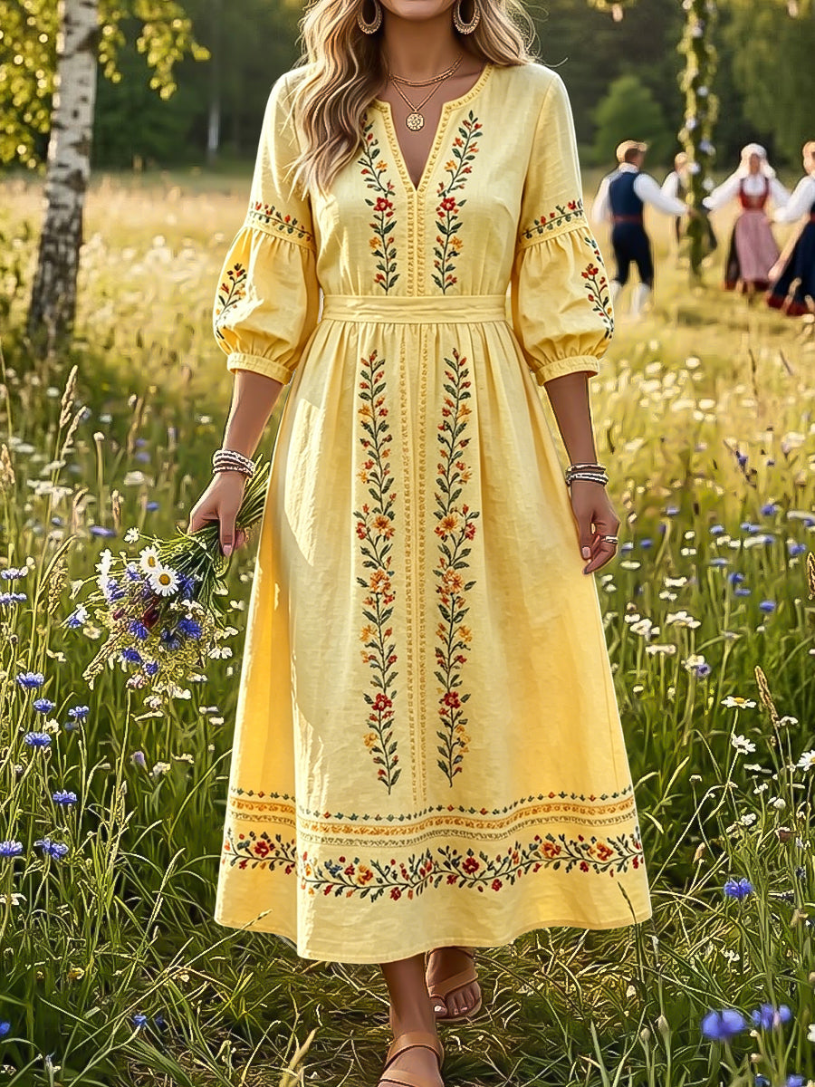 Rétro Swedish Midsummer Floral Ethnic Style Robe Femme