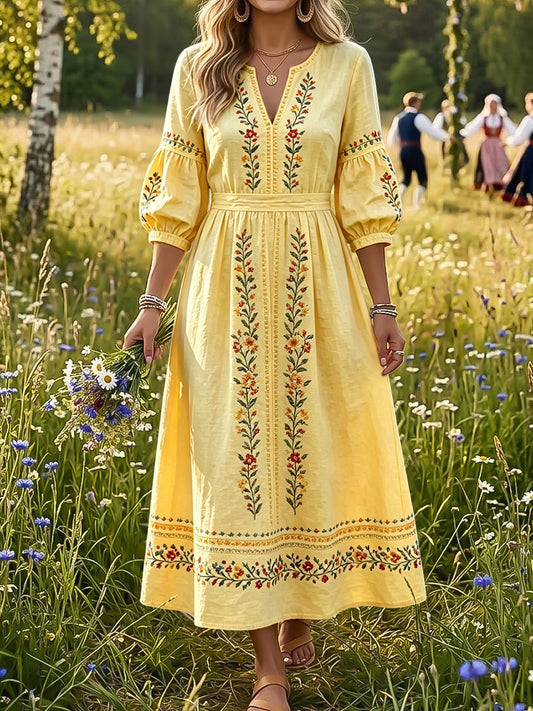 Rétro Swedish Midsummer Floral Ethnic Style Robe Femme