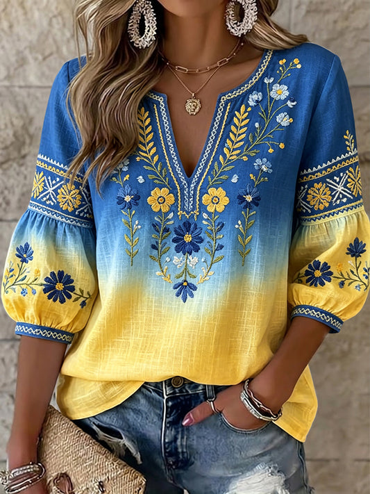 Femmes Rétro Swedish Midsummer Floral Gradient Art V-Neck Top