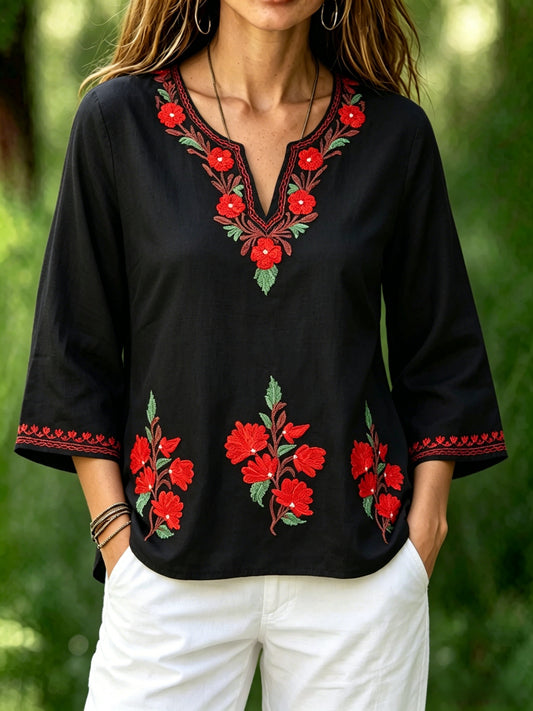 Chemise rétro suédoise de la Saint-Jean pour femmes, en coton-lin, à motifs floraux