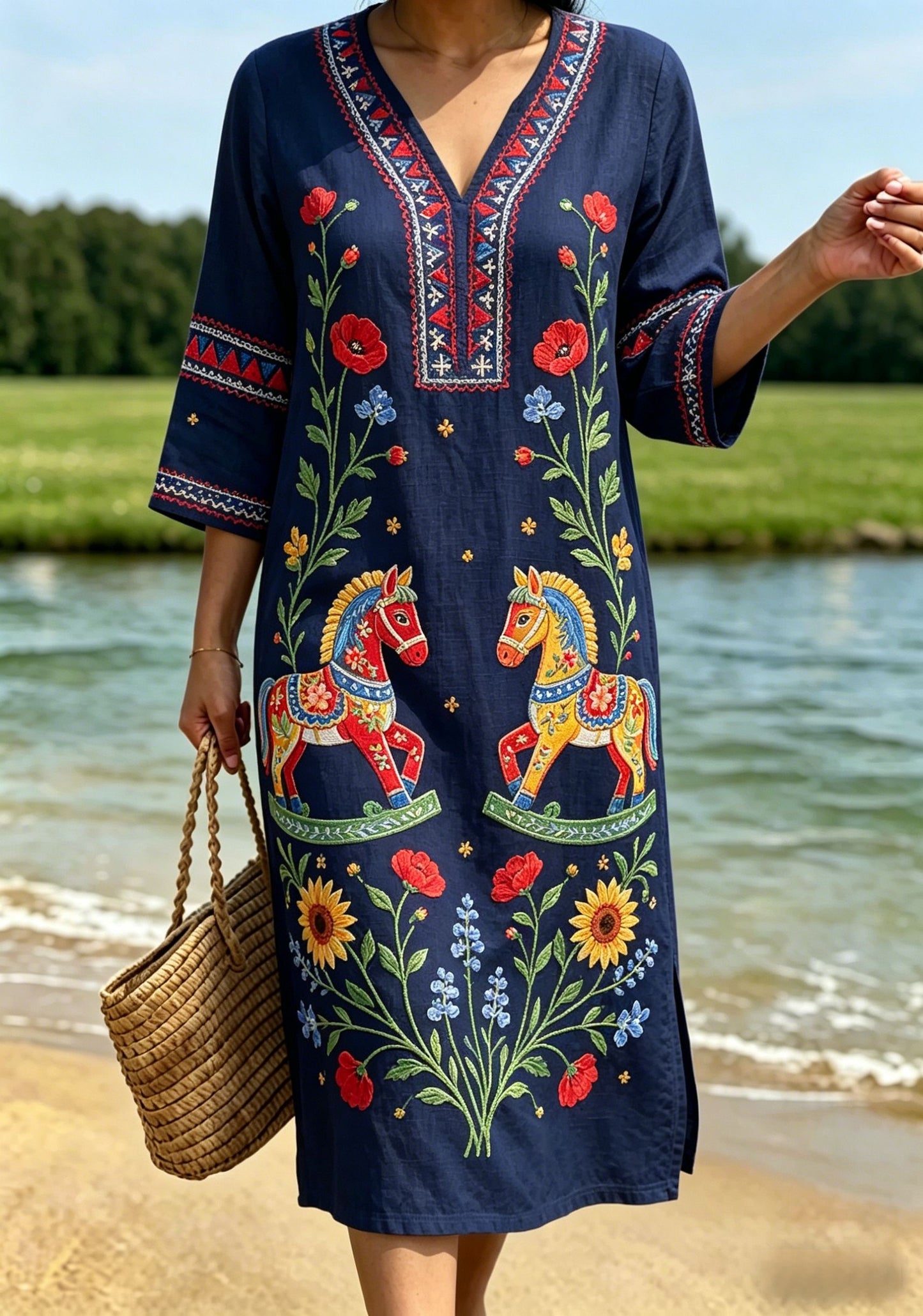 Robe rétro suédoise de la Saint-Jean pour femmes, en coton-lin, à motifs floraux