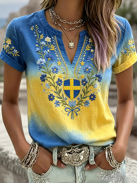 T-shirt rétro suédois pour femmes, motif floral du solstice d’été en dégradé, col en V