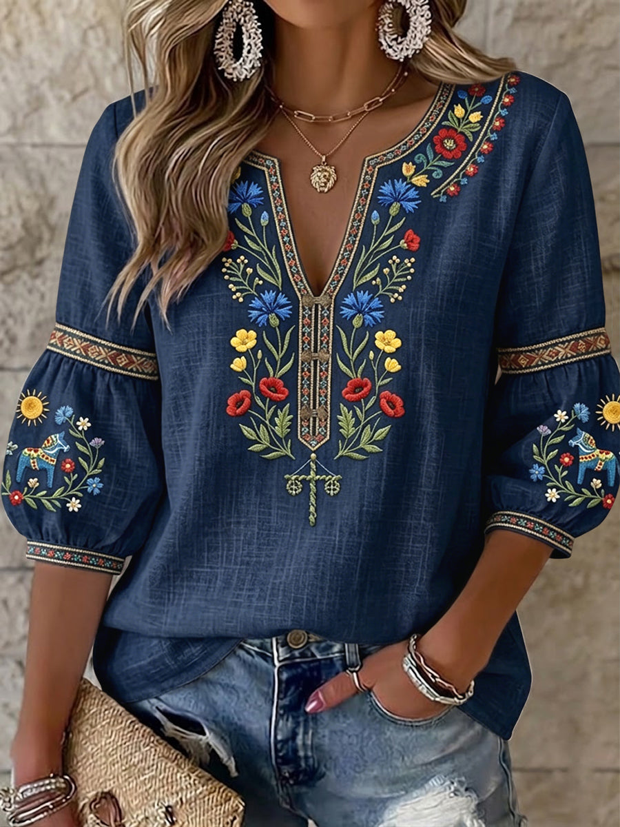 Blouse vintage suédoise pour femmes, motif floral de la Saint-Jean, col en V