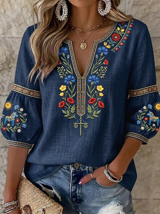 Blouse vintage suédoise pour femmes, motif floral de la Saint-Jean, col en V