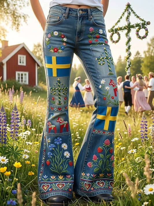 Pantalon évasé décontracté pour femme Swedish Midsummer Floral Patchwork