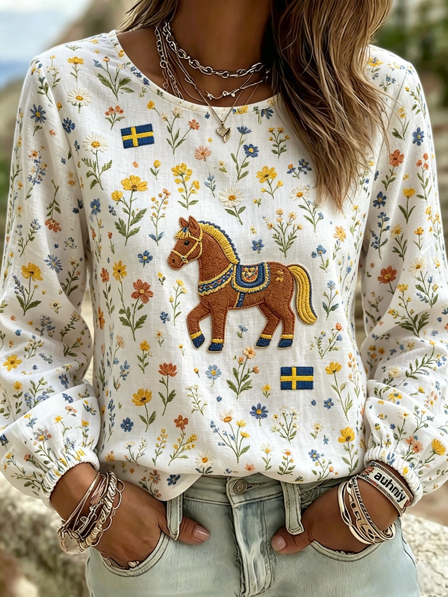 Chemise rétro suédoise de la Saint-Jean pour femmes, en coton-lin, à motifs floraux