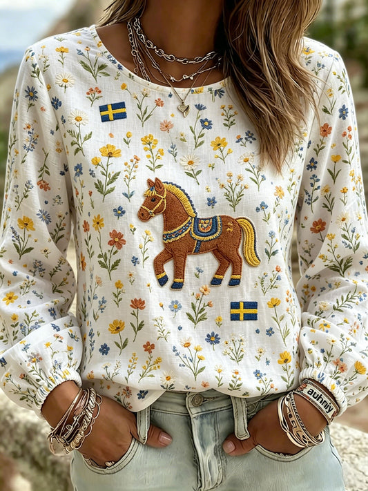 Chemise rétro suédoise de la Saint-Jean pour femmes, en coton-lin, à motifs floraux
