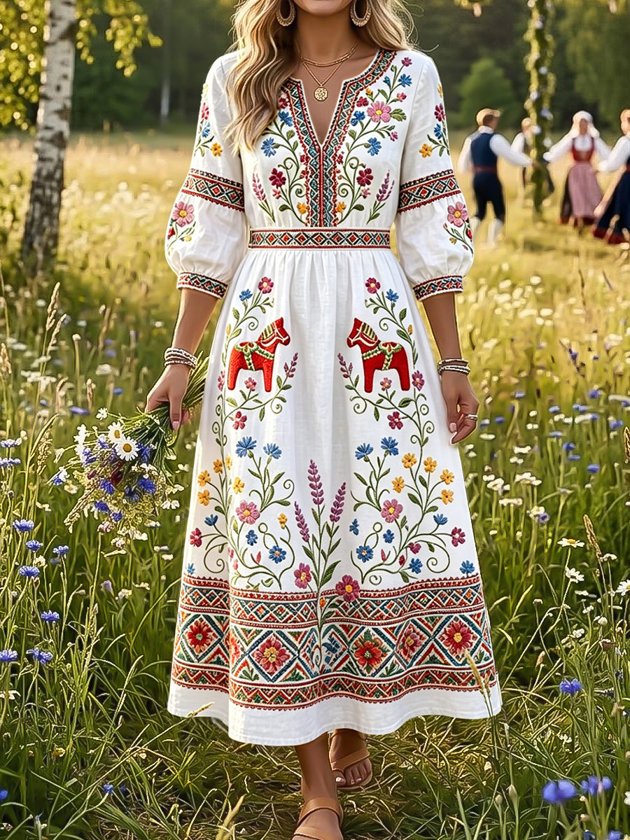 Rétro Romantique Floral Carrousel-Print V-Neck Robe Femme