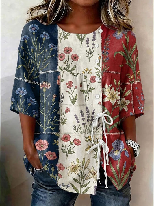 Top pour femme en coton-lin, à imprimé patchwork floral, fermé par des boutons et doté de liens sur le devant