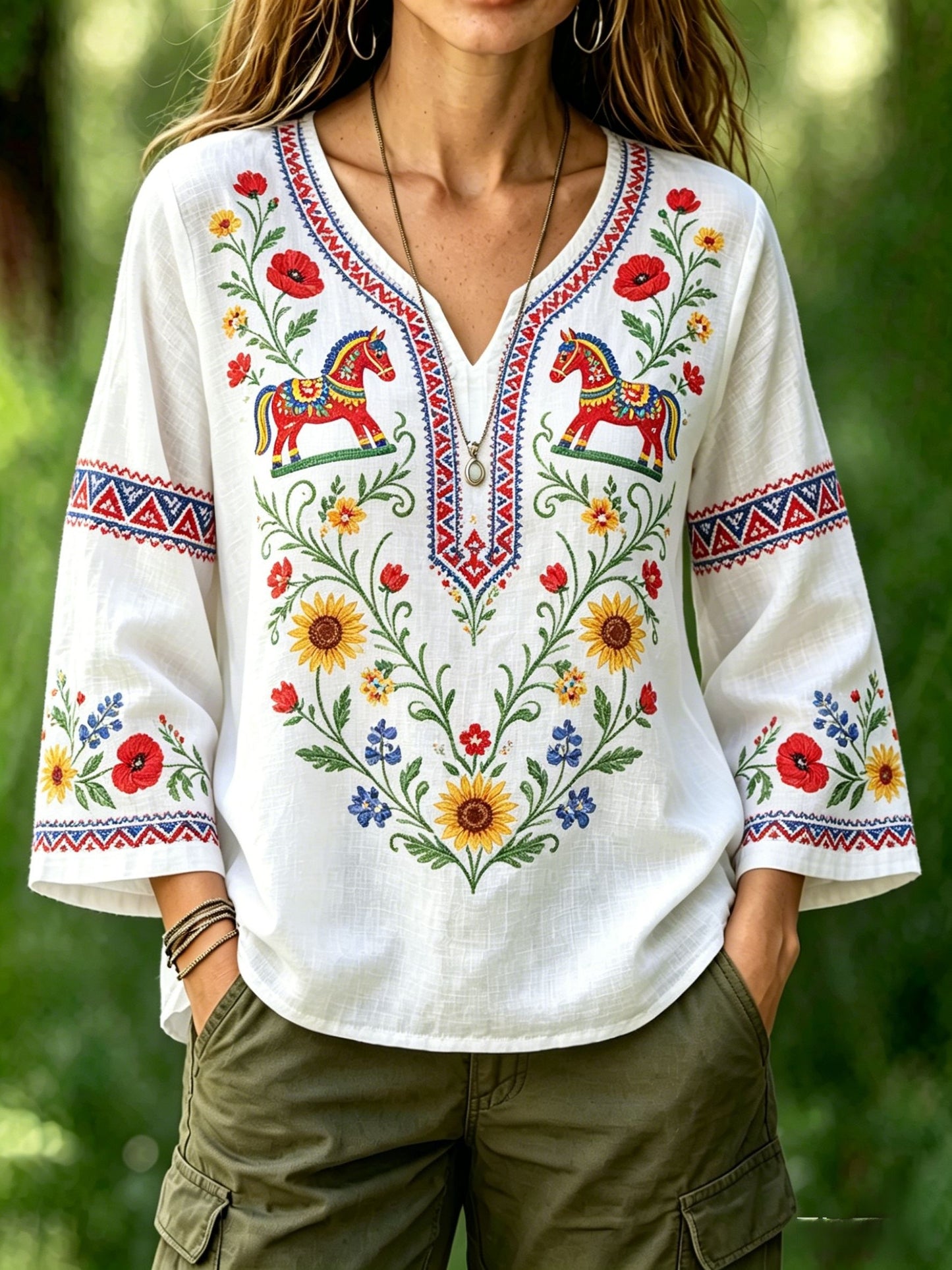Chemise rétro suédoise de la Saint-Jean pour femmes, en coton-lin, à motifs floraux