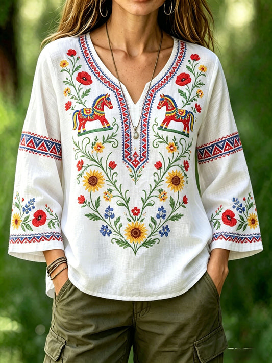 Chemise rétro suédoise de la Saint-Jean pour femmes, en coton-lin, à motifs floraux