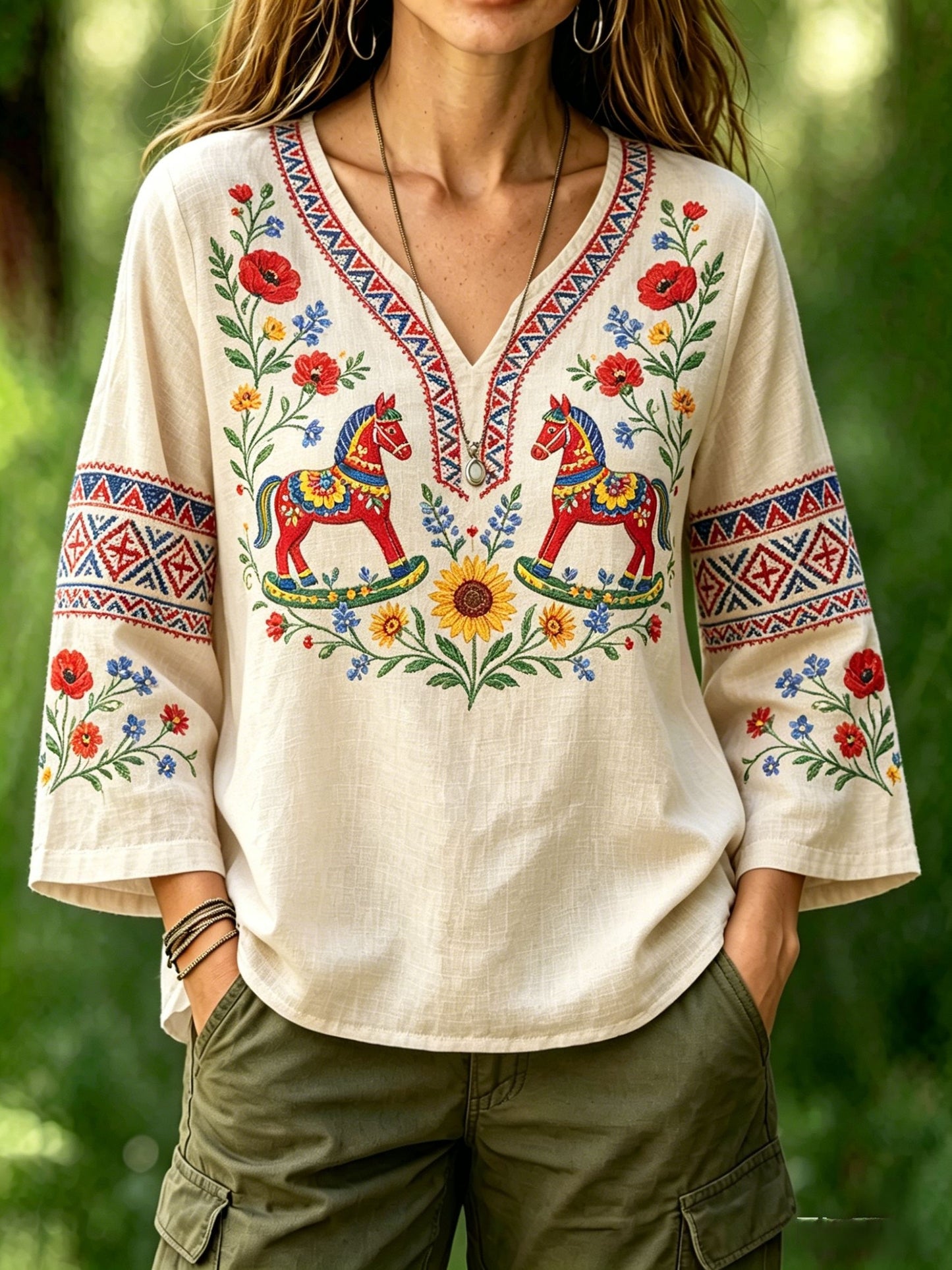 Chemise rétro suédoise de la Saint-Jean pour femmes, en coton-lin, à motifs floraux