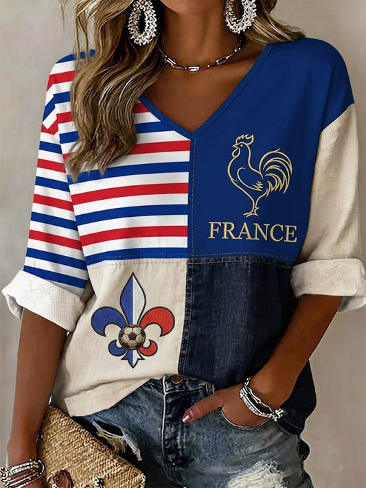 T-shirt France Football pour femmes, manches mi-longues, col en V