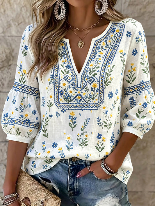 Femmes Rétro Romantique Floral Art V-Neck Top