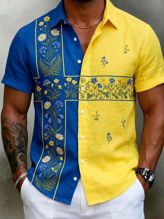 Chemises à manches courtes en coton-lin à fleurs rétro Swedish Midsummer Folk pour hommes