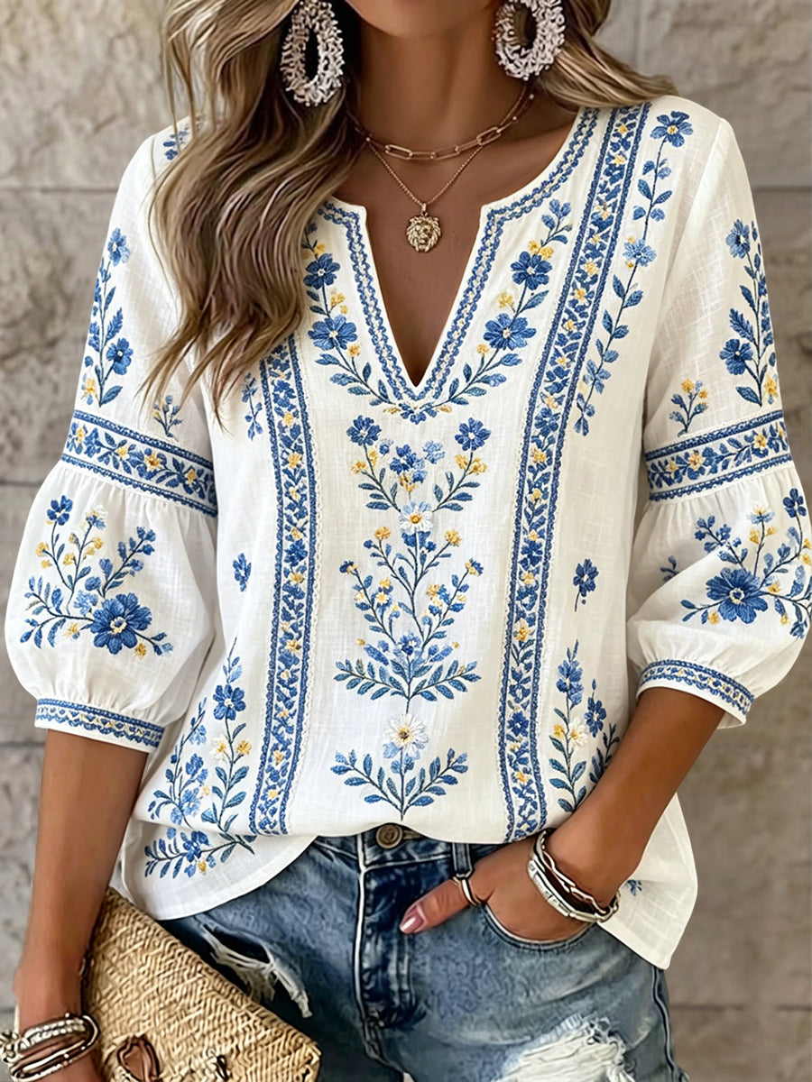 Top rétro suédois pour femmes, motif floral de la Saint-Jean, col en V