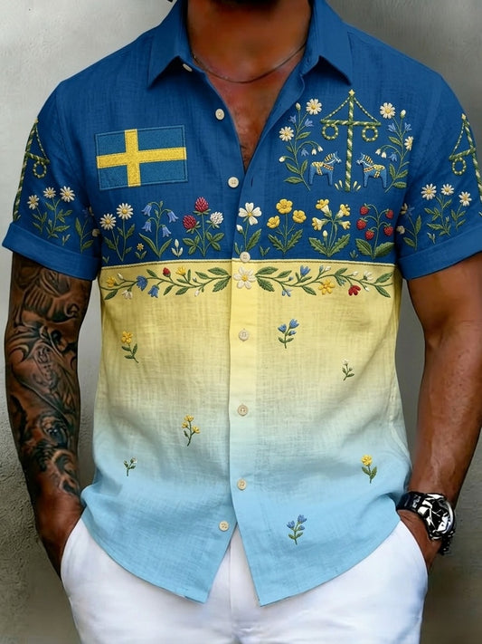 Chemises rétro suédoises de la Saint-Jean pour hommes, en coton-lin, à manches courtes, motif floral traditionnel