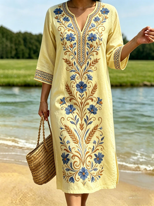Robe rétro suédoise de la Saint-Jean pour femmes, en coton-lin, à motifs floraux