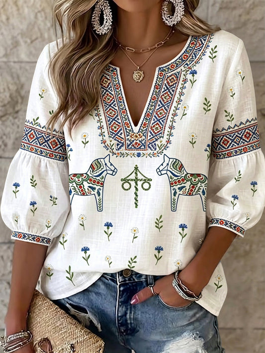 Top rétro suédois pour femmes, motif floral de la fête de la Saint-Jean, style carrousel, col en V