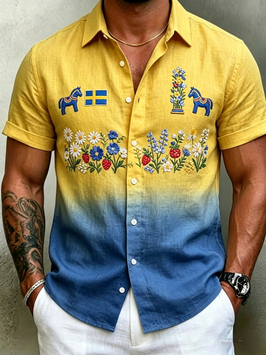Chemises rétro suédoises de la Saint-Jean pour hommes, en coton-lin, à manches courtes, motif floral traditionnel
