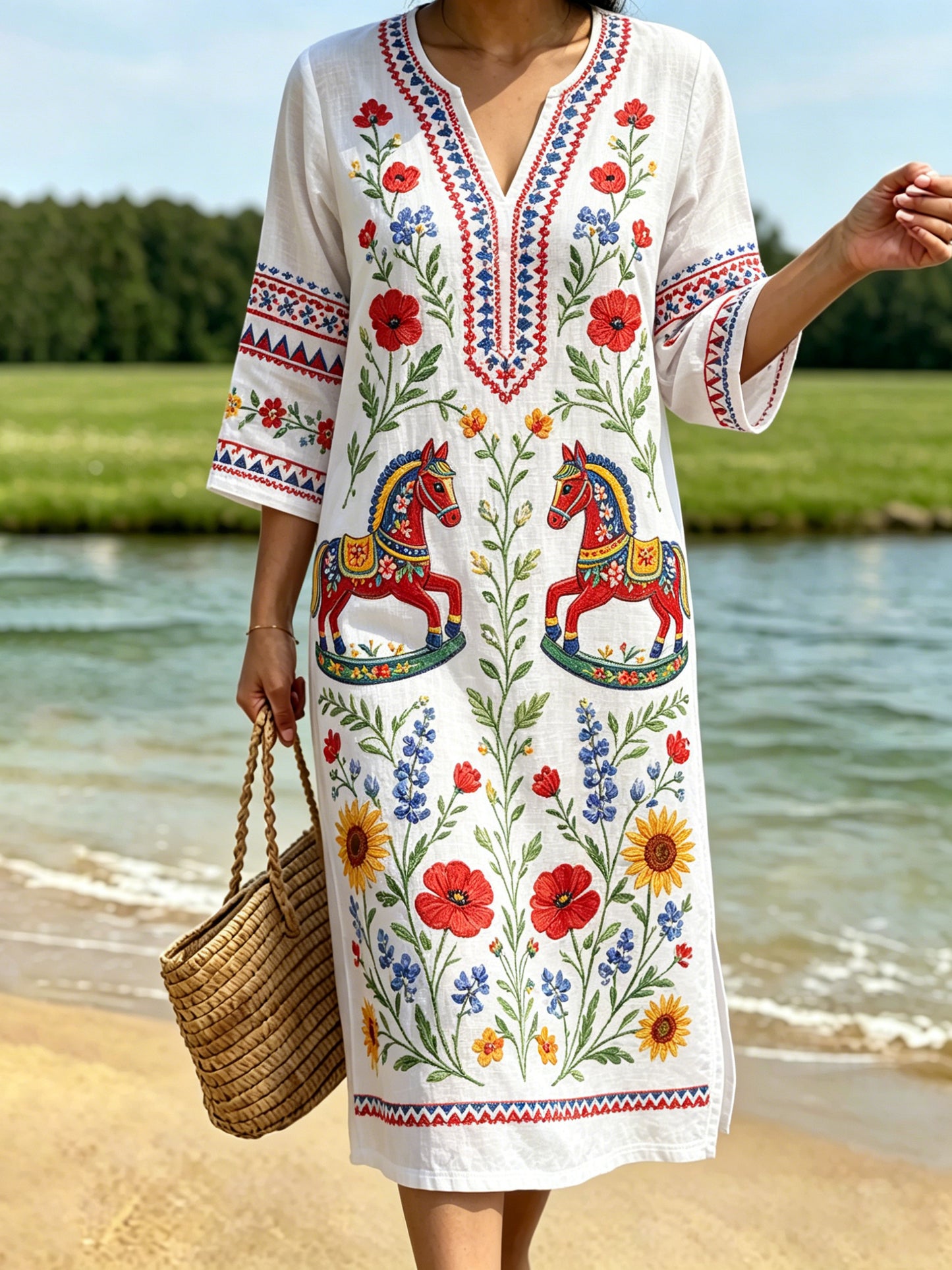 Robe rétro suédoise de la Saint-Jean pour femmes, en coton-lin, à motifs floraux