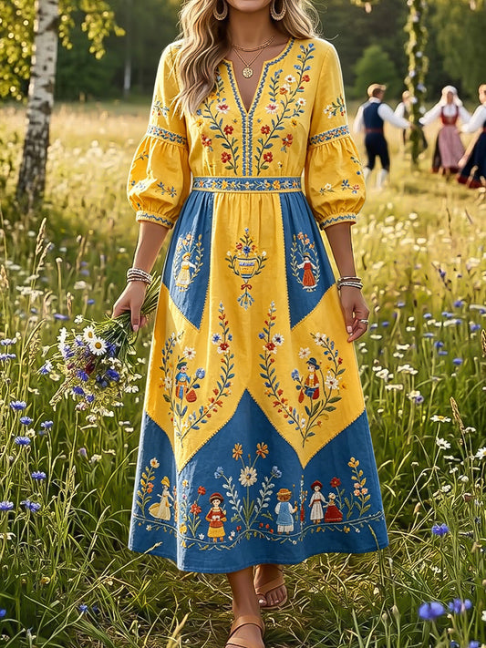 Femmes Rétro Midsummer Floral Patchwork Art V-Neck Robe