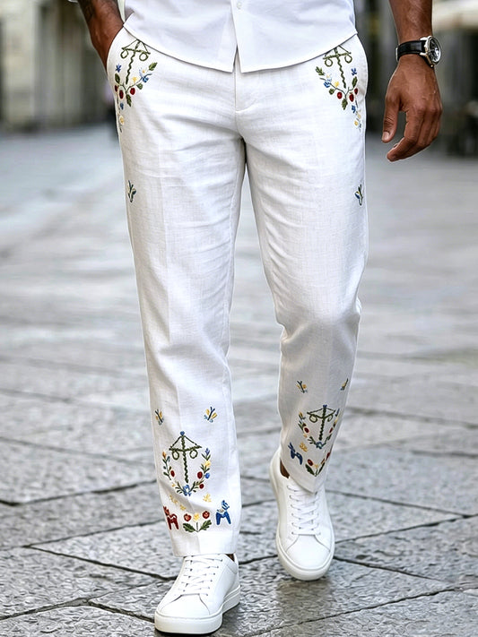 Pantalons décontractés en coton-lin pour hommes Vintage Swedish Midsummer Wreath