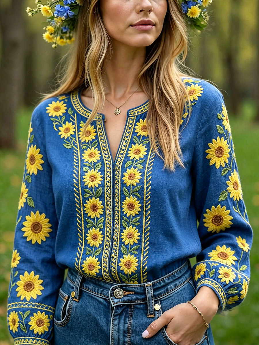Tops décontractés en lin pour femmes, motif floral artistique, Suède