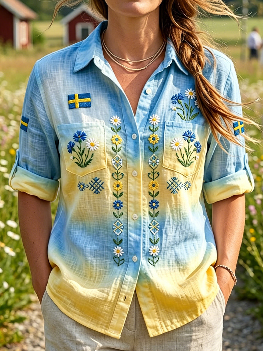Retro Swedish Midsummer Floral Tie-Dye Casual Chemise Femme