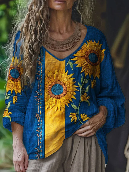 Tops décontractés en lin pour femmes, motif floral artistique, Suède