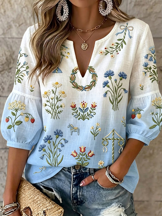 Femmes Rétro Midsummer Floral Gradient Art V-Neck Top