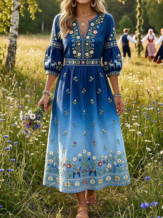 Retro Swedish Midsummer Floral Gradient Art V-Neck Robe Femme