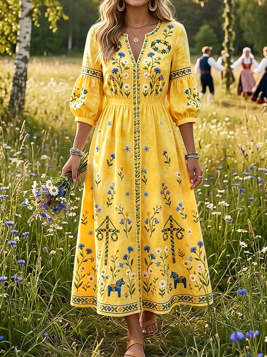 Vintage Swedish Midsummer Floral Carousel Art des femmes V-Neck Dress