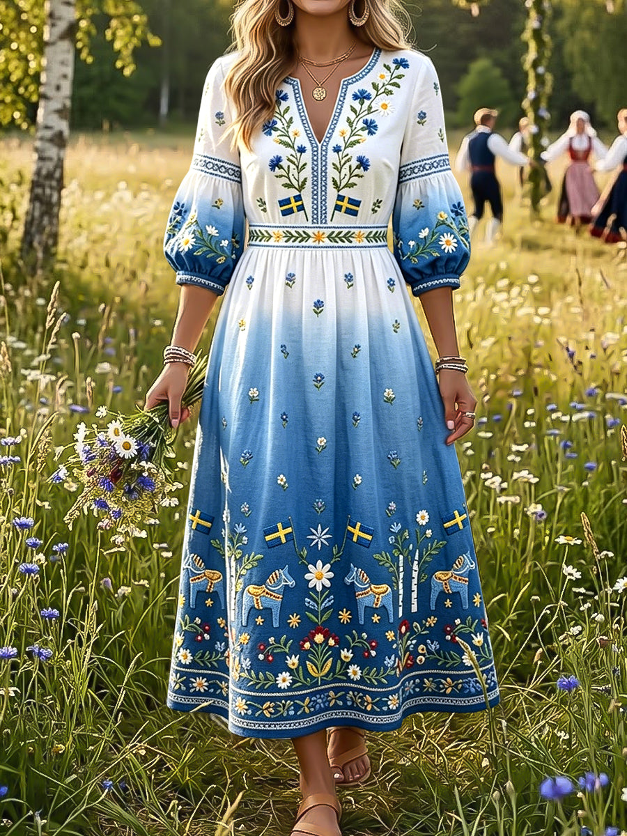 Rétro Midsummer Floral Carrousel Gradient Art V-Neck Robe Femme