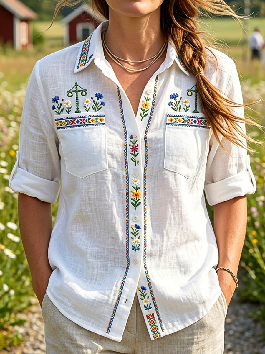 Chemise décontractée à fleurs rétro Swedish Midsummer pour femmes