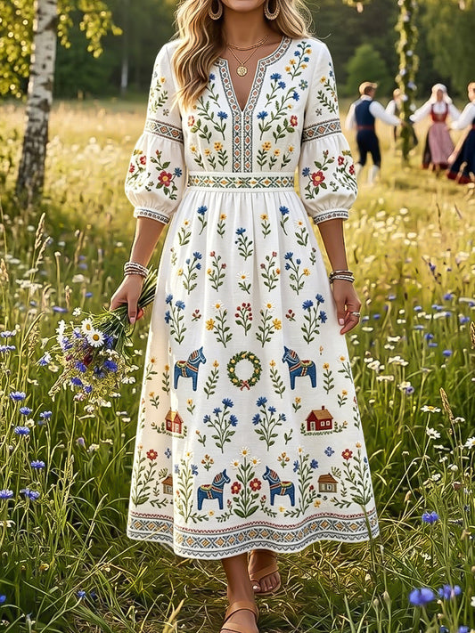 Vintage Swedish Midsummer Floral Print V-Neck Robe Femme