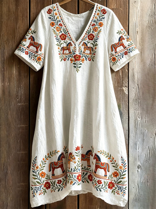 Robe à col en V suédoise pour femme avec poches