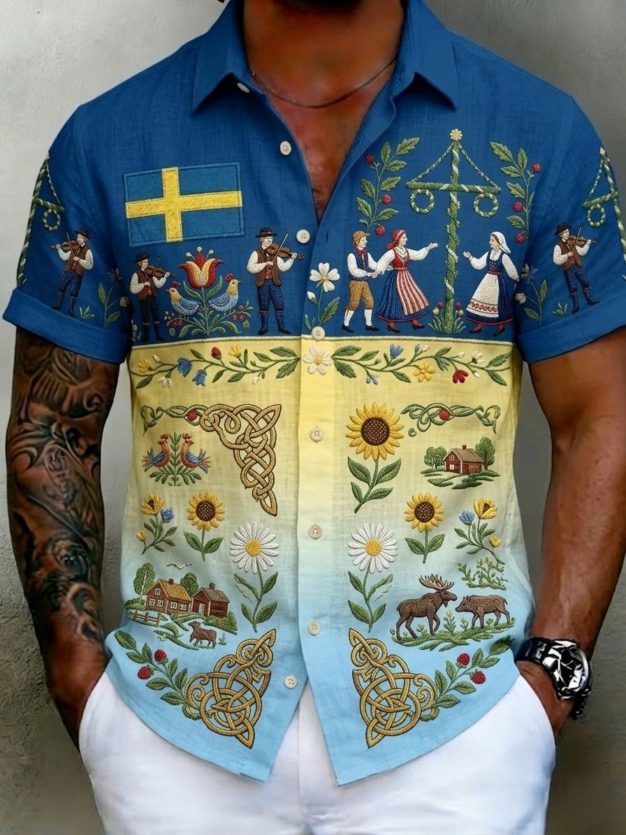 Chemises rétro suédoises de la Saint-Jean pour hommes, en coton-lin, à manches courtes, motif floral traditionnel