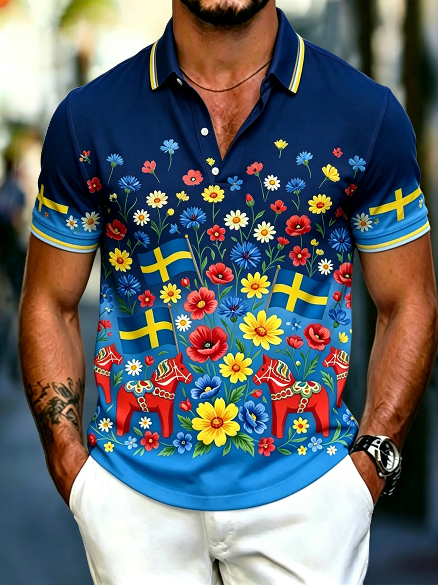 Polo décontracté rétro suédois Midsummer Floral Carousel pour hommes