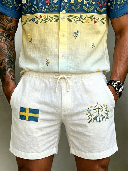 Pantalon court rétro en coton-lin à fleurs folkloriques suédoises pour hommes